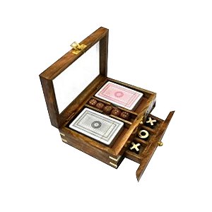 JOGO DE TABULEIRO EM MADEIRA E VIDRO DOURADO E MARROM