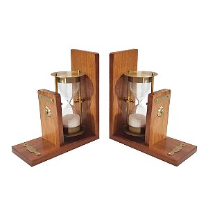 PORTA LIVRO DECORATIVO AMPULHETAS EM ACO INOX E MADEIRA
