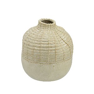 VASO DECORATIVO BOJUDO EM CERAMICA  BEGE E MARROM 22,5CM