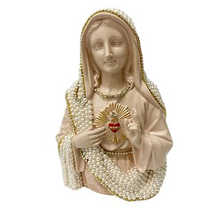 ESCULTURA SAGRADO CORACAO DE MARIA COM PEROLA DE 20CM CAFE