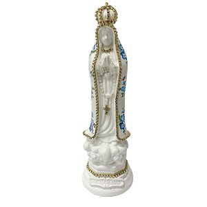 ESCULTURA NOSSA SRA DE FATIMA BRANCA DECOUPADA AZUL 20CM
