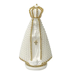 ESCULTURA NOSSA SRA  APARECIDA COM PEROLAS DE 14,5CM BRANCA
