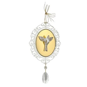 QUADRO OVAL COM ESPIRITO SANTO ESPELHO DOURADO E PINGENTE