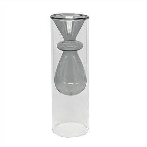 VASO DE VIDRO DUPLO TRANSPARENTE E CINZA 20cm