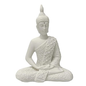 ESCULTURA DECORATIVA BUDA FLORES II EM PO DE MARMORE 22,5CM