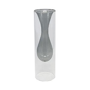 VASO DE VIDRO DUPLO 23X7 CM TRANSPARENTE E CINZA