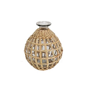 VASO DECORATIVO EM VIDRO E FIBRA NATURAL TRANCADA 16X11,5 CM