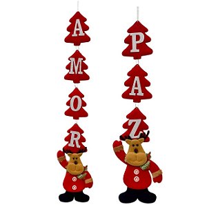 CJ 02 PCS ENFEITE NATALINO RENA LIGADOS PANO AMOR/PAZ 47CM