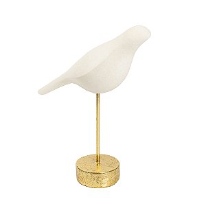 ESCULTURA EM RESINA PASSARO BRANCO BASE DOURADA G 30X11 CM