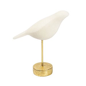 ESCULTURA EM RESINA PASSARO BRANCO BASE DOURADA P 25X10 CM