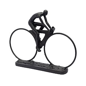 ESCULTURA DECORATIVA CICLISTA PRETA EM RESINA 33 CM