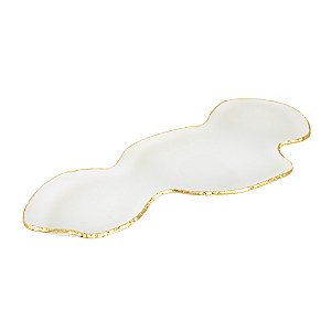 BANDEJA DECORATIVA VIDRO FOSCO BRANCA DETALHES DOURADO 45CM