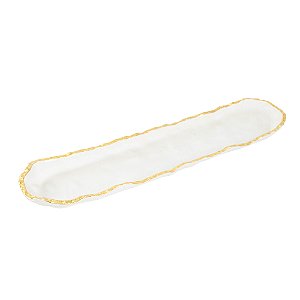 BANDEJA DECORATIVA VIDRO FOSCO BRANCA DETALHES DOURADO 41CM