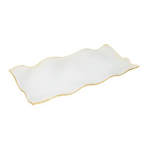 BANDEJA DECORATIVA VIDRO FOSCO BRANCA DETALHES DOURADO 49CM