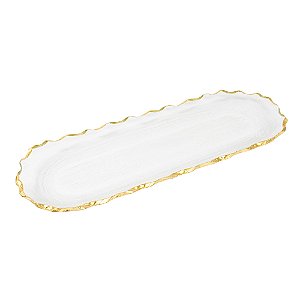 BANDEJA DECORATIVA VIDRO FOSCO BRANCA DETALHES DOURADO 44 CM