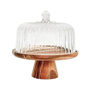 BOLEIRA PEDESTAL MADEIRA CUPULA VIDRO