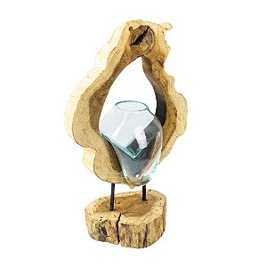 VASO EM VIDRO DECORATIVO COM MADEIRA RUSTICA NATURAL 45X29CM