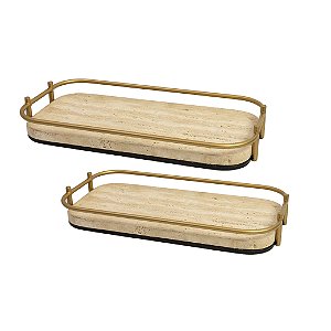 CJ 02 BANDEJAS EM MARMORE ESTILO TRAVERTINO E METAL DOURADO