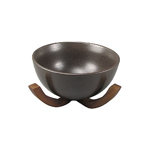 BOWL EM CERAMICA MARROM COM BASE EM MADEIRA