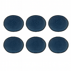 CJ 06 PRATOS SOBREMESA EM PORCELANA AZUL COM DETALHE PRETO