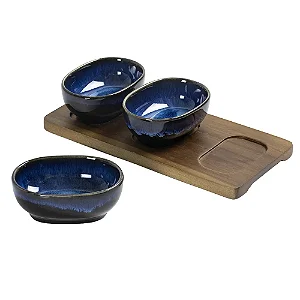 PETISQUEIRA EM MADEIRA E CERAMICA AZUL COM 3 BOWLS cadastrar