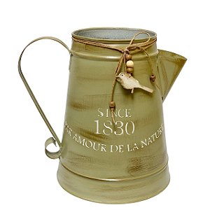 Vaso Jarro Decor de Metal Provençal Verde com Pássaro 22 cm