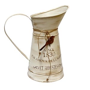 Vaso Jarro Decor de Metal Provençal Bege com Pássaro 31 cm