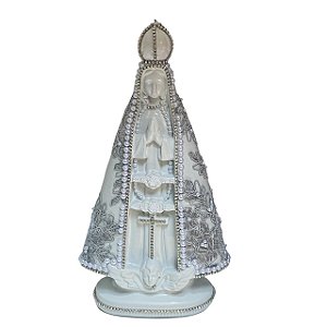 ESCULTURA NOSSA SRA APARECIDA COM RENDA TRABALHADA DE CINZA 30CM
