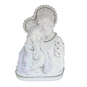 ESCULTURA BUSTO SAGRADA FAMILIA COM APLIQUE BRANCO 20 CM