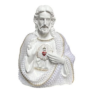 ESCULTURA SAGRADO CORACAO DE JESUS COM PEROLAS BRANCA 20CM
