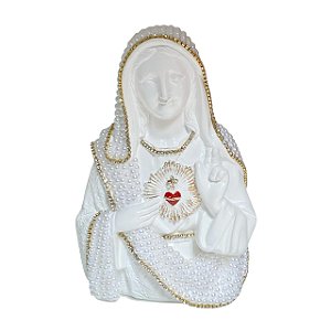 ESCULTURA SAGRADO CORACAO DE MARIA COM PEROLAS BRANCA 20CM