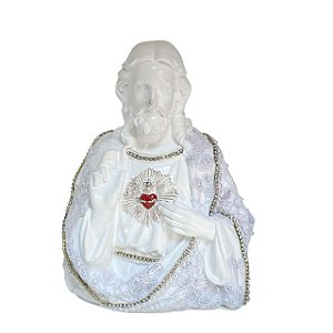 ESCULTURA SAGRADO CORACAO DE JESUS BRANCO COM RENDA 20CM