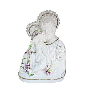 ESCULTURA BUSTO DA SAGRADA FAMILIA BRANCO DECOUPADO FLORAL 20CM