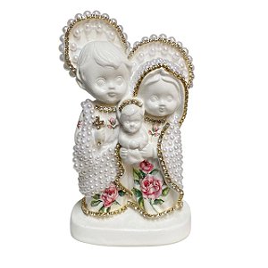 ESCULTURA SAGRADA FAMILIA BABY BRANCA FLORAL DECOUP 14CM