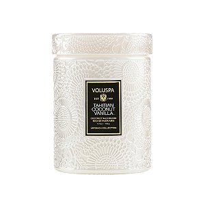 MINI VELA POTE VIDRO 50H RELEVO TAHITIAN COCONUT VANILLA 156g VOLUSPA