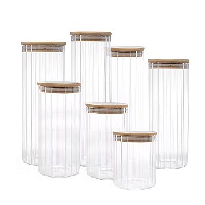 Kit Pote Porta Mantimento Vidro Canelado tampa de Bambu 7pçs