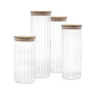 Kit Pote Porta Mantimento Vidro Canelado tampa de Bambu 4pçs