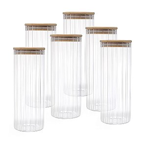 Kit 6 Pote Porta Mantimento Vidro Canelado tampa de Bambu 1L
