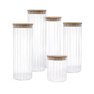Kit 5 Potes Porta Mantimento Vidro Canelado tampa de Bambu