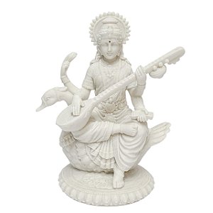 Escultura Sarasvati nova Branco em Po de Marmore 20cm