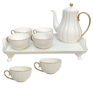 CJ 8pcs Bule Bandeja 6 Xícaras Chá Cerâmica BR c filete Dour