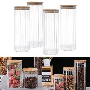 Kit 4 Potes Vidro Mantimento 1700 ML Canelado Tampa de Bambu