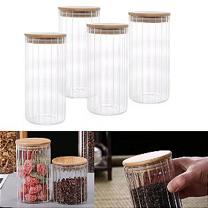 Kit 4 Potes Vidro Mantimento 800 ML Canelado Tampa de Bambu