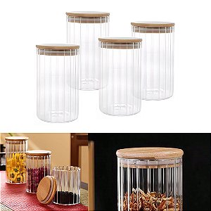 Kit 4 Potes Vidro Mantimento 640 ML Canelado Tampa de Bambu