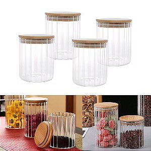 Kit 4 Pote de Vidro Mantimento 560 ML Canelado Tampa Bambu