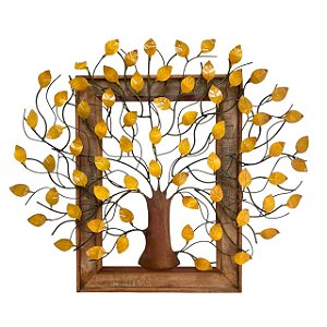 Quadro Arvore da Vida Metal Amarela G c/ moldura em madeira