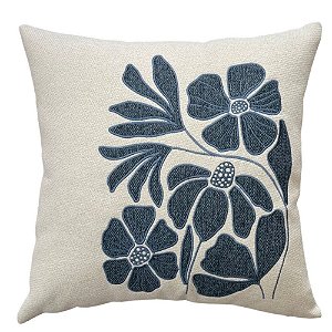 ALMOFADA BORDADA EM LINHO FLORAL AZUL 50X50