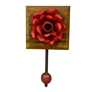 CABIDEIRO GANCHO 1 FLOR DE METAL VERMELHA EM MADEIRA PEROBA
