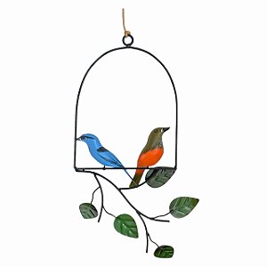 ESCULTURA DECOR CASAL PASSAROS COLOR EM MADEIRA E FERRO