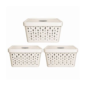 KIT 3 CESTOS ORGANIZADORES OFF WHITE COM TAMPA 17 LITROS